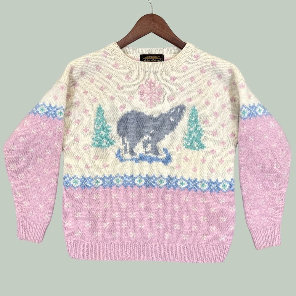 Vintage Wool Eddie Bauer Sweater Women M Pink Polar Bear/Wolf Intarsia Fair Isle